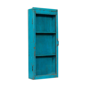 vitrine murale vintage bleu vieux teck patine et piece d'origine inde 45x15x107cm