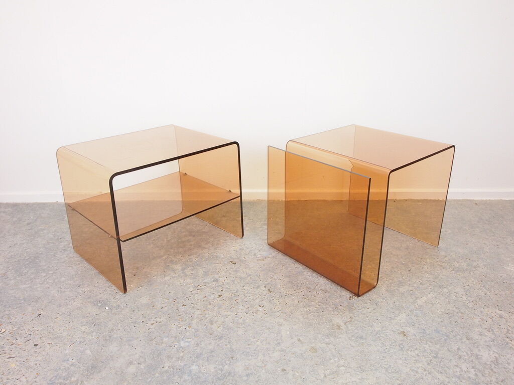 Pair of vintage smoked lucite perspex side tables