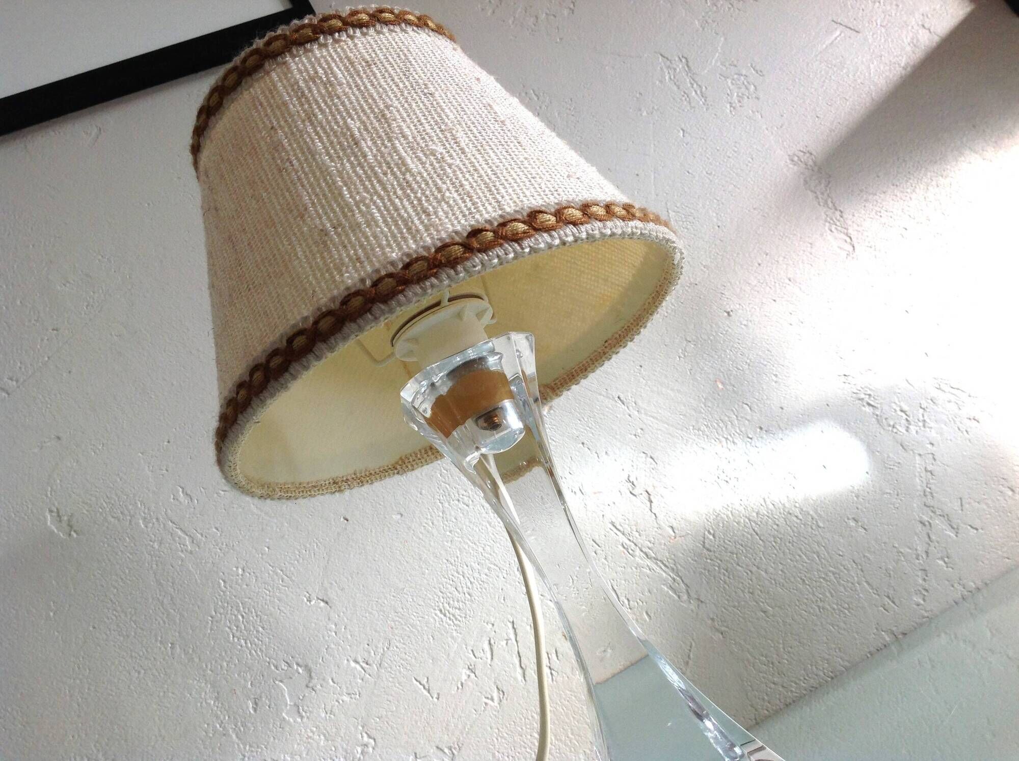 Bedside lamp with glass base and beige fabric lampshade / vintage 60s-70s