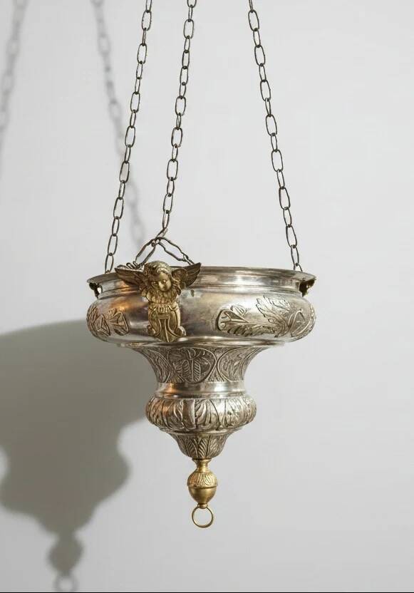 Ancient sanctuary lamp, silver-plated brass, winged angel, 130 cm.