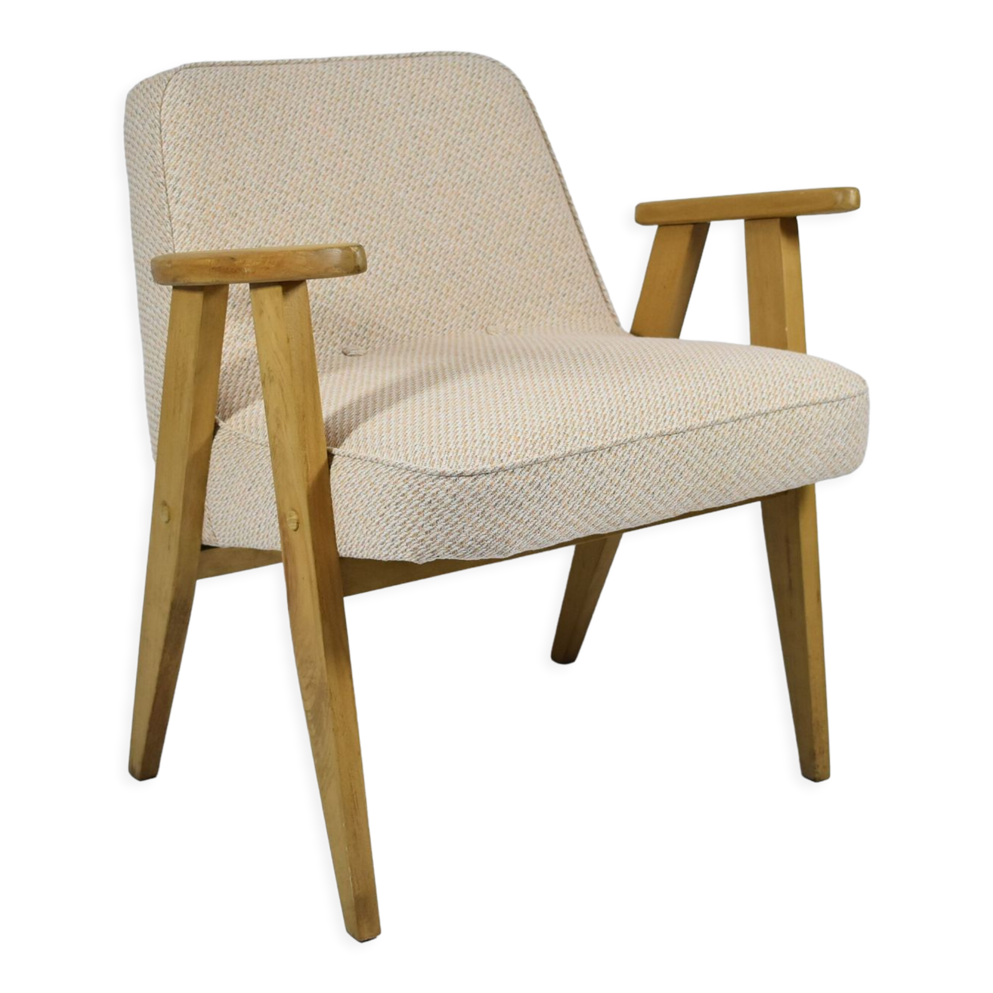 Fauteuil original 366 designer J.Chierowski années 1960, beige, bois de chêne