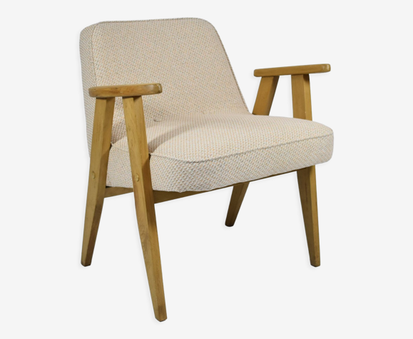 Original armchair 366, designer J.Chierowski, 1960s, beige, oak wood