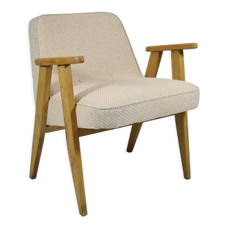 Fauteuil original 366 designer J.Chierowski années 1960, beige, bois de chêne