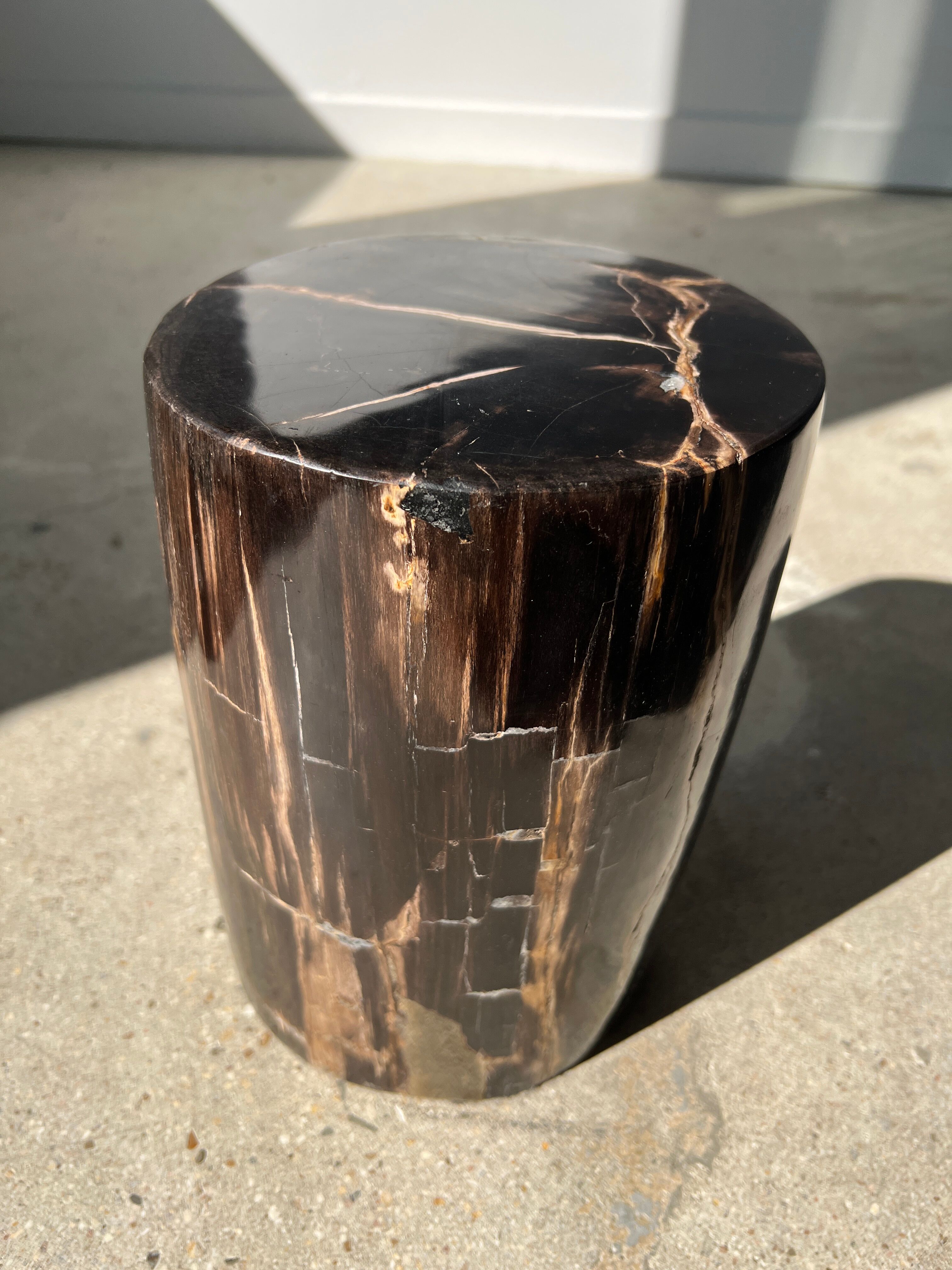 Side table in black petrified wood with light streaks h: 27,5cm d:18,5cm