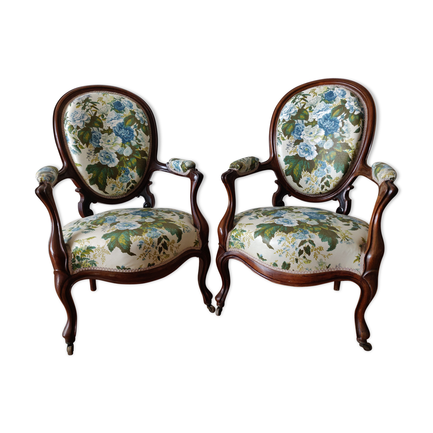 Pair armchairs Louis Philippe solid floral mahogany