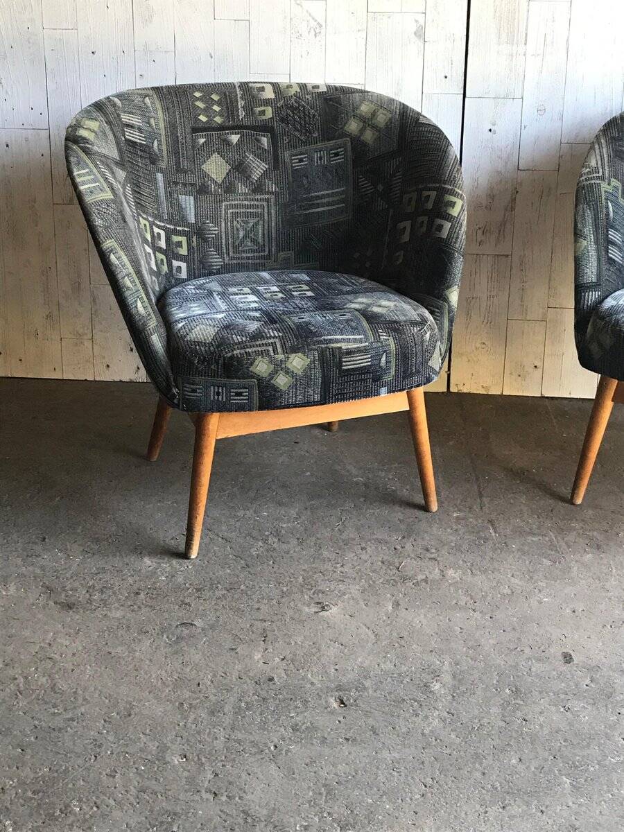 Set of vintage grey fabric armchairs, lacquered structure from the 1960s Arts & Crafts.