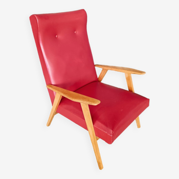 Fauteuil vintage en bois et skaï 1950 1960