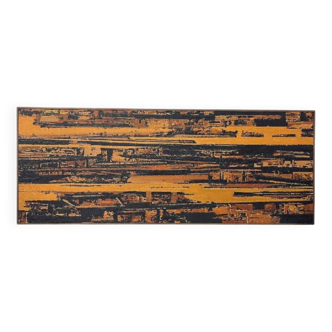 Orange and black abstract painting, oil on panel, Serge Detriaux, 1998