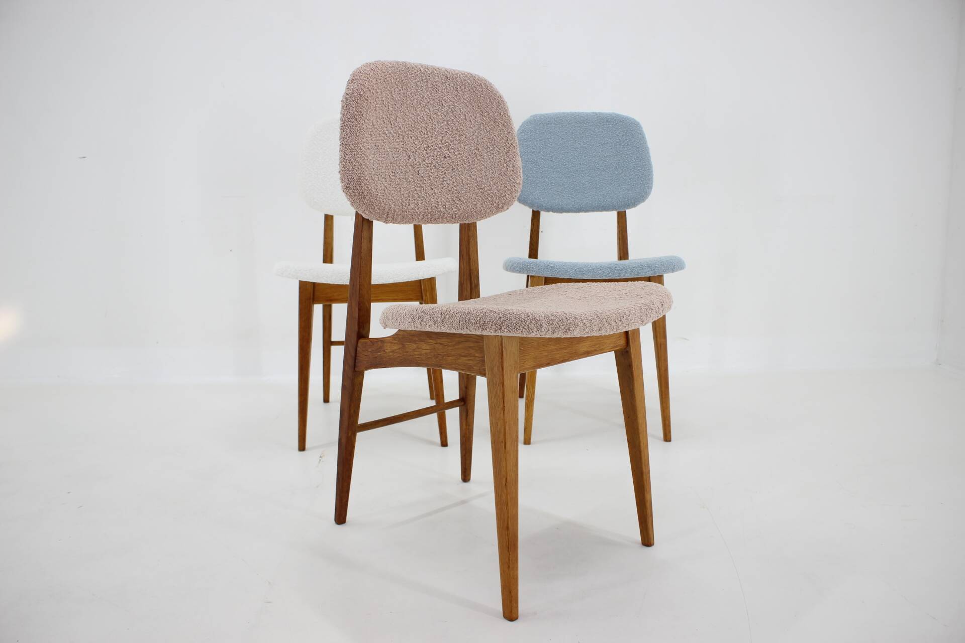 1960s Set of Three Oak Dining Chairs in Boucle, Czechoslovakia
