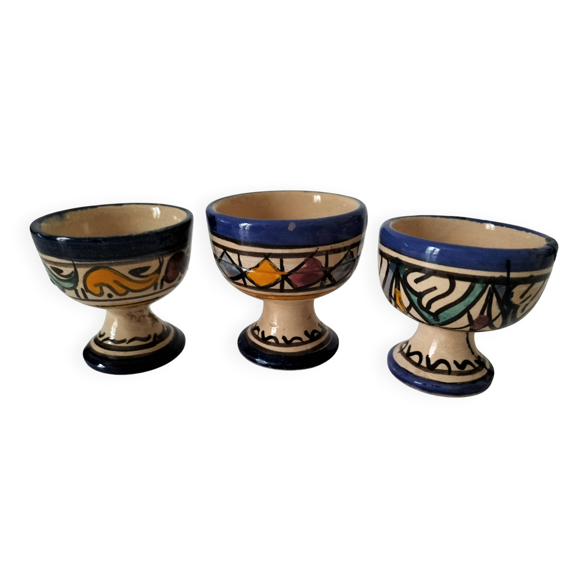 Trio of Moroccan ceramic egg cups from Fez, stamped