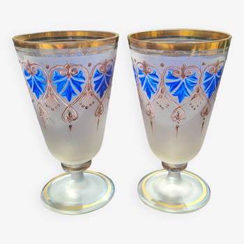 2 old enamelled frosted crystal chalices