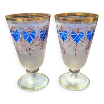 2 old enamelled frosted crystal chalices