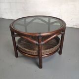 Vintage rattan coffee table with smoked glass top and rattan basket shelf