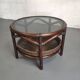 Vintage rattan coffee table with smoked glass top and rattan basket shelf