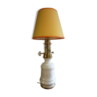 Ancient electrified porcelain kerosene lamp decorated with a greek frieze