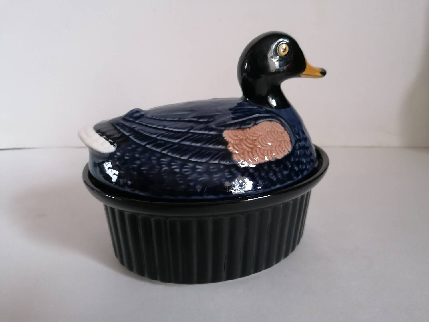 Zoomorphic duck terrine majolica slip