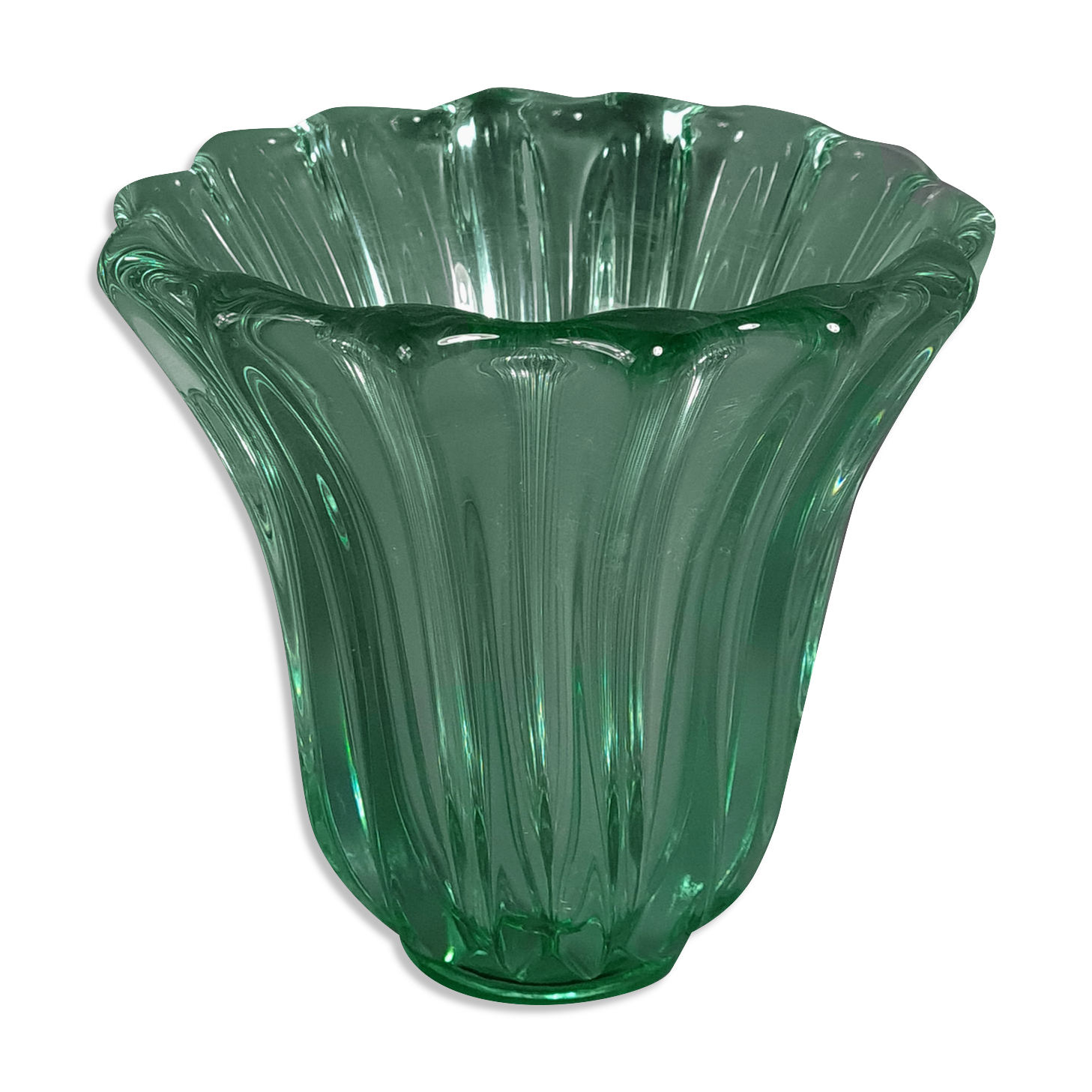 Molded pressed glass vase by Pierre D'Avesn around 1930. Signed