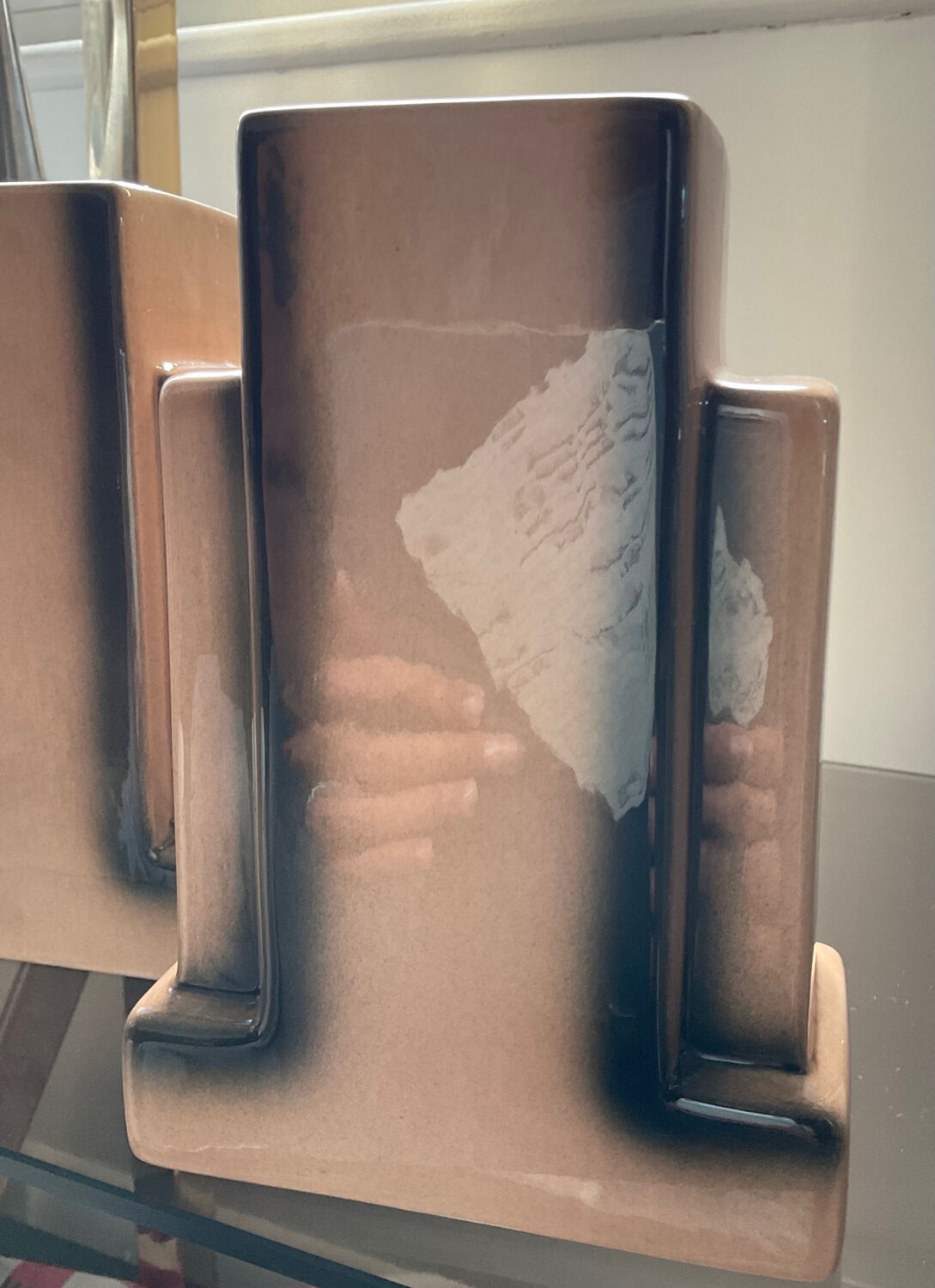 Pair of Skycraper Art Deco vases in glazed ceramic