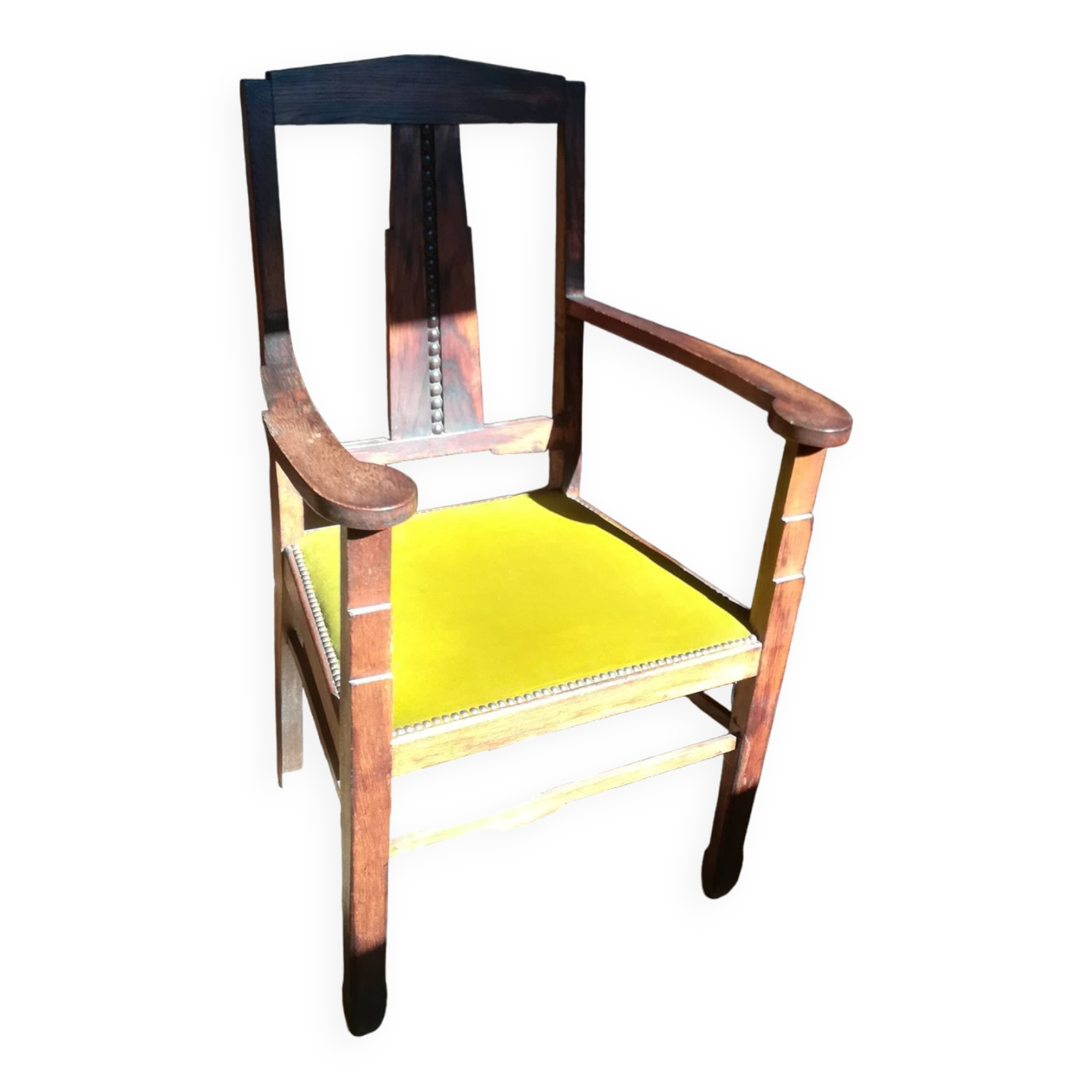 Oak and velvet armchair circa