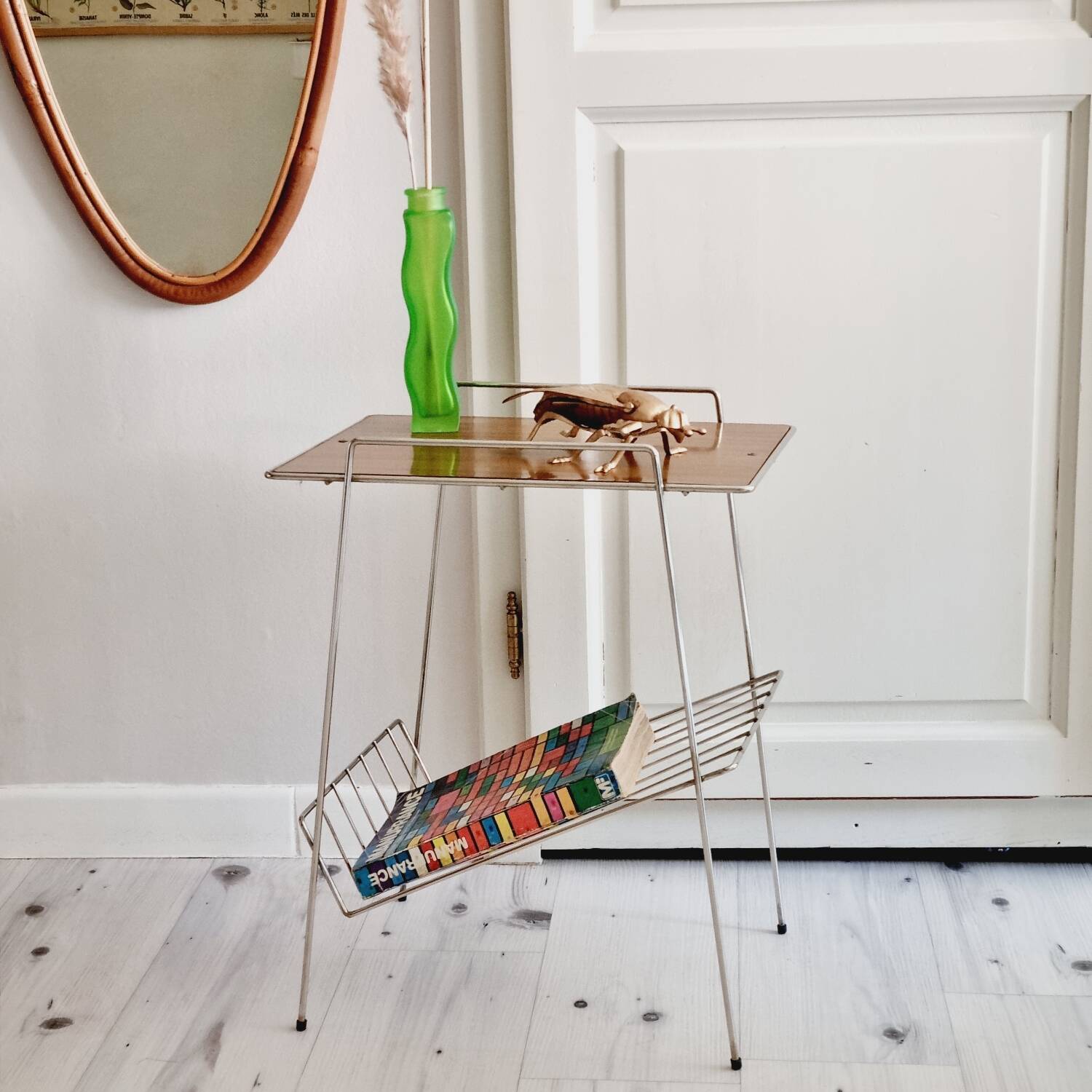 Metal and Formica magazine rack side table