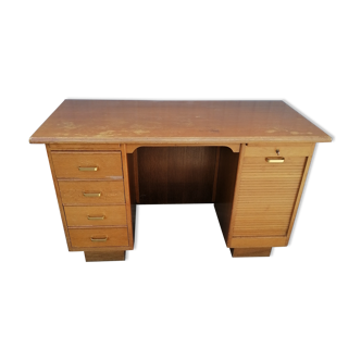 Old vintage wooden desk 1950 with curtain binder and storage tablet