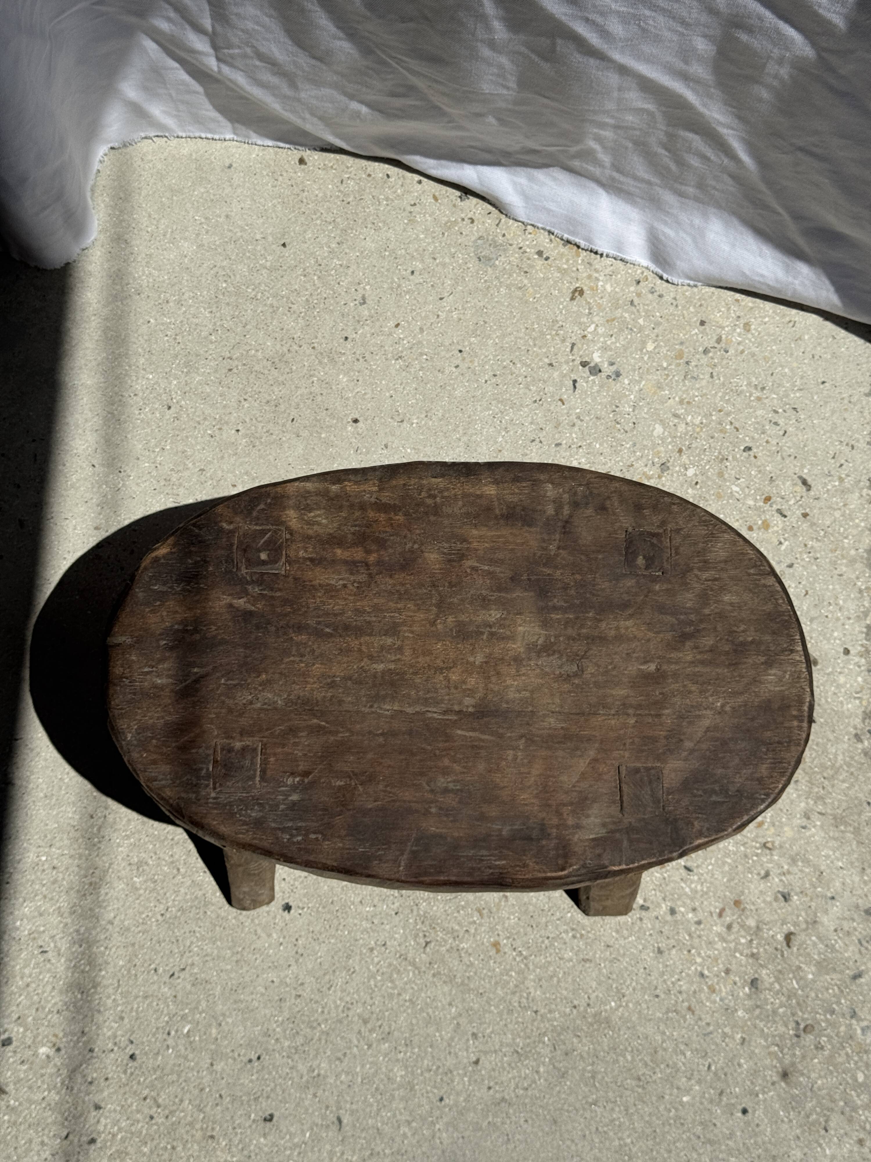 Small stool or small oval side table in solid teak wabi-sabi H24 53