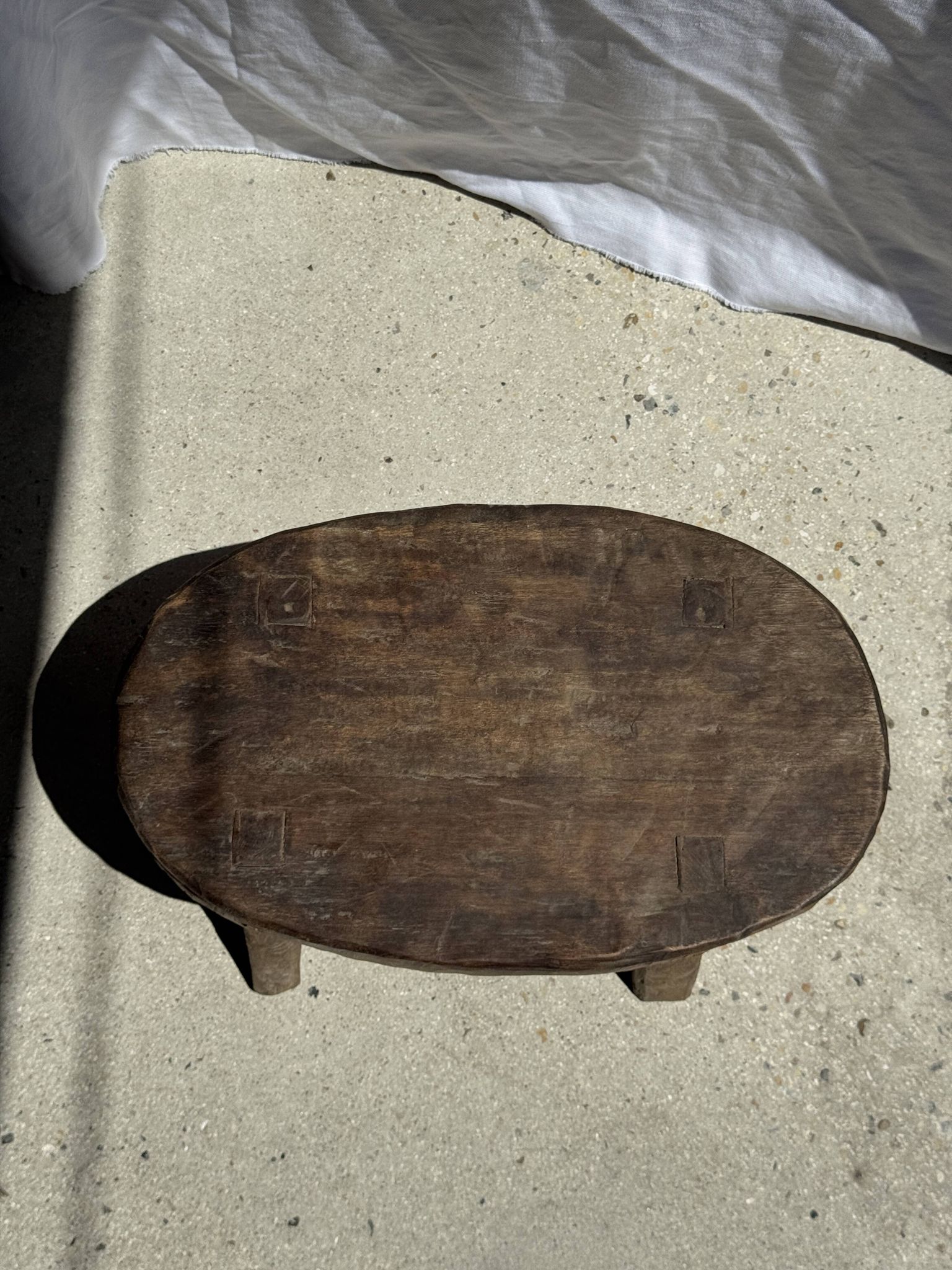 Small stool or small oval side table in solid teak wabi-sabi H24 53