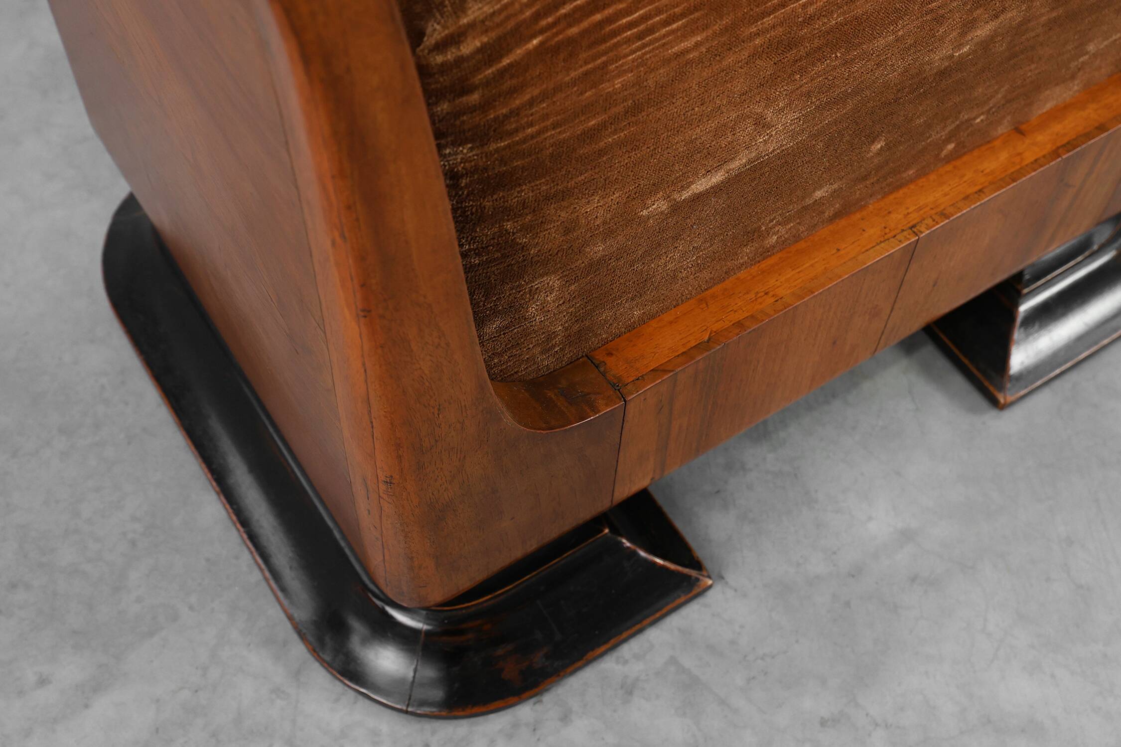 Art Deco Walnut Stool with Original velvet Upholstery, Italy ca. 1920