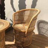 Set of two vintage rattan armchairs and table