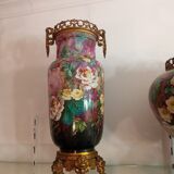 Set of painted earthenware vases mounted on bronze