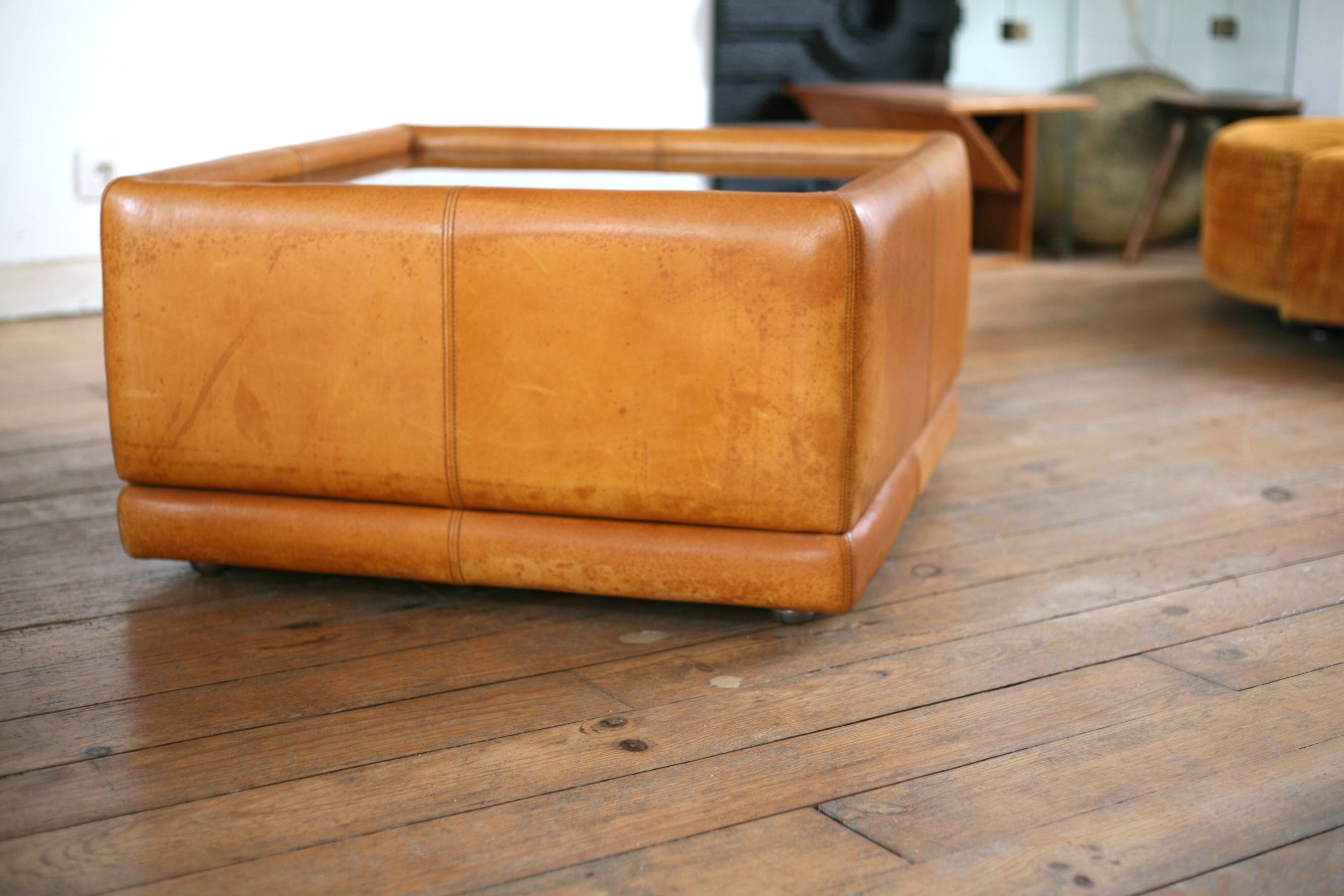 black leather and glass coffee table, vintage design