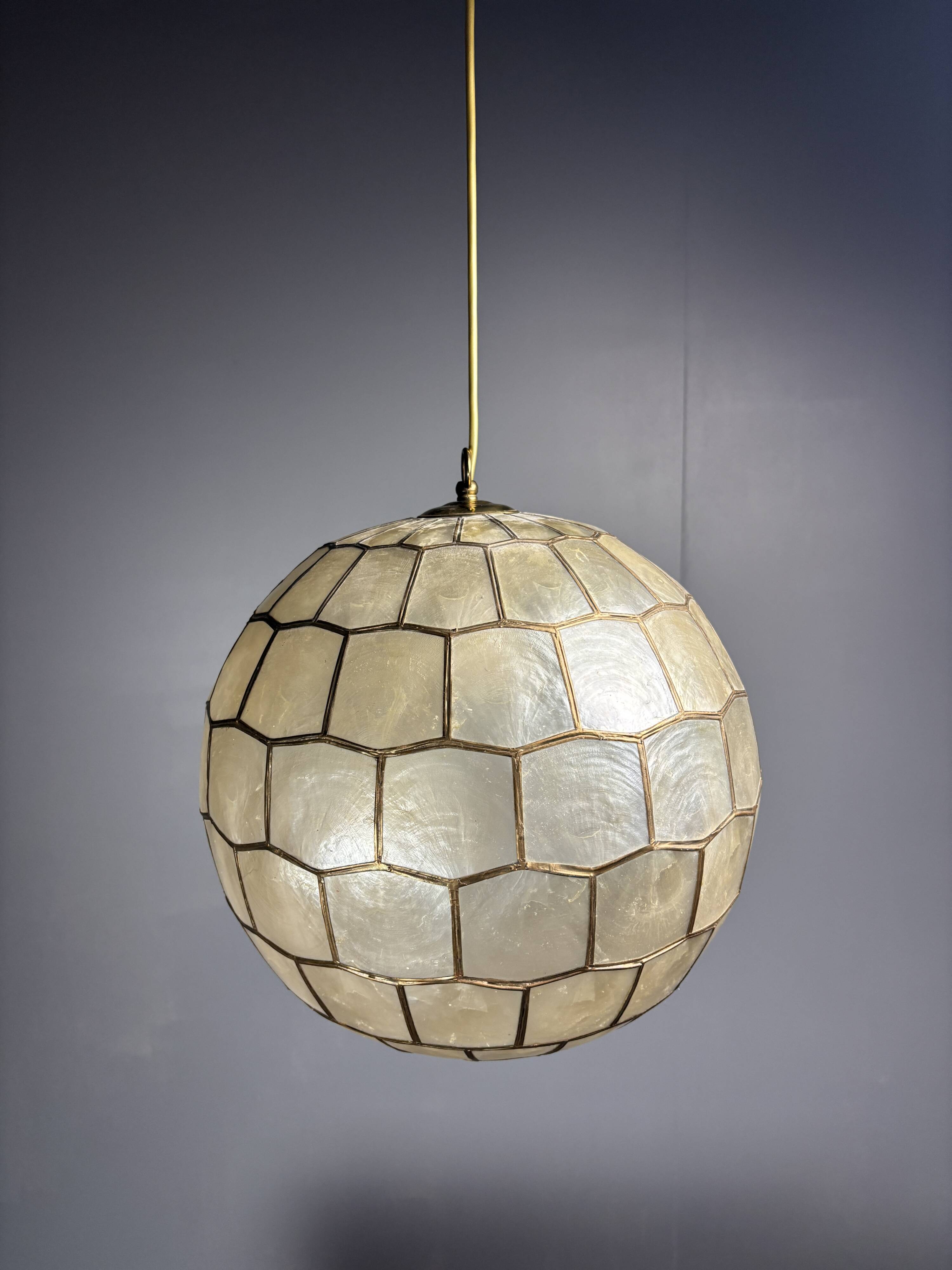 Midcentury mother of pearl Capiz shell & brass sphere large pendant, 1960s