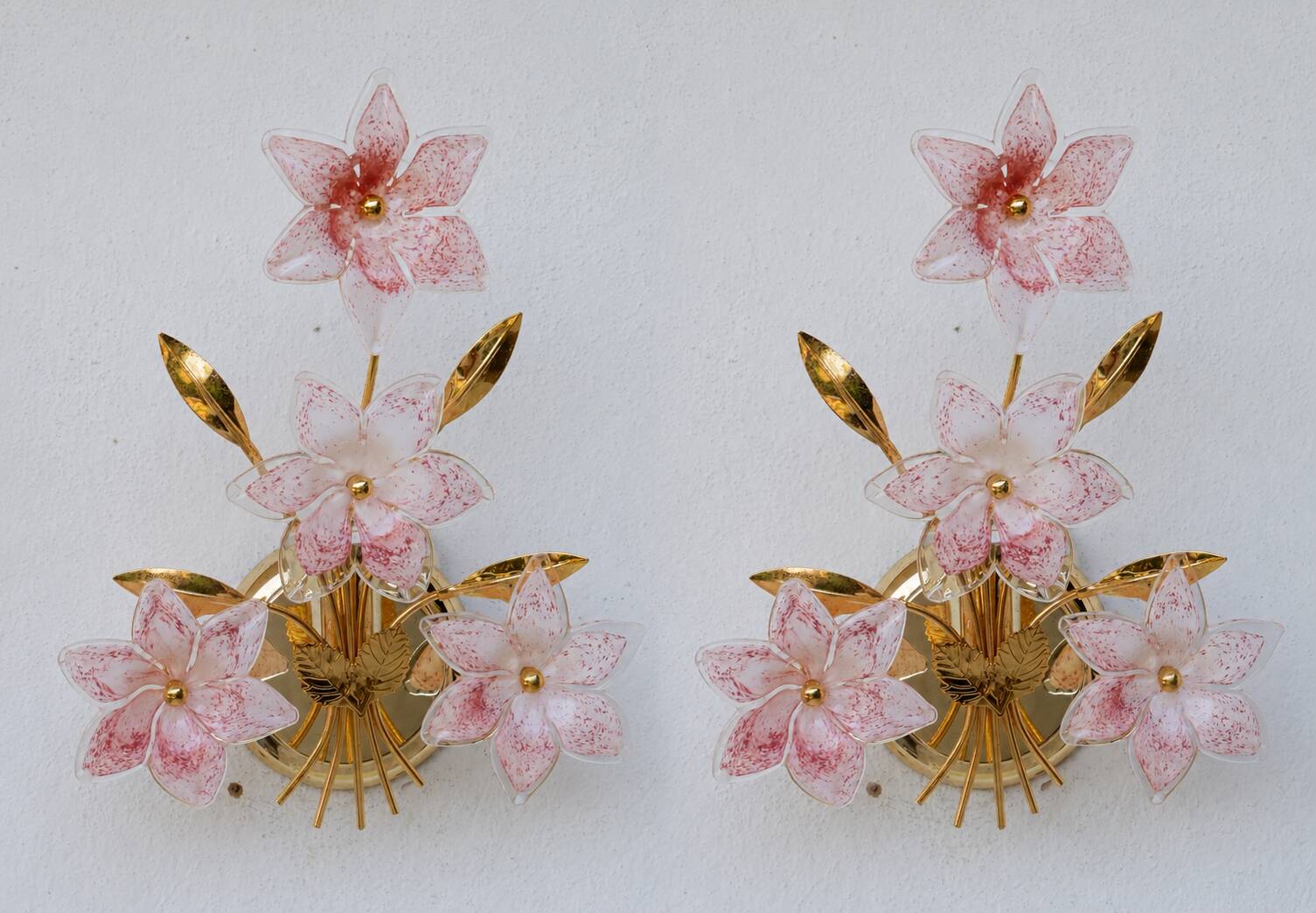 Ensemble de 2 appliques Murano fleurs roses, années 1970