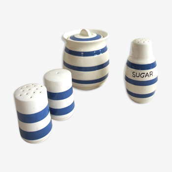 Salt, pepper, sugar and pot in faience with blue stripes
