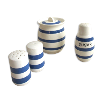 Salt, pepper, sugar and pot in faience with blue stripes