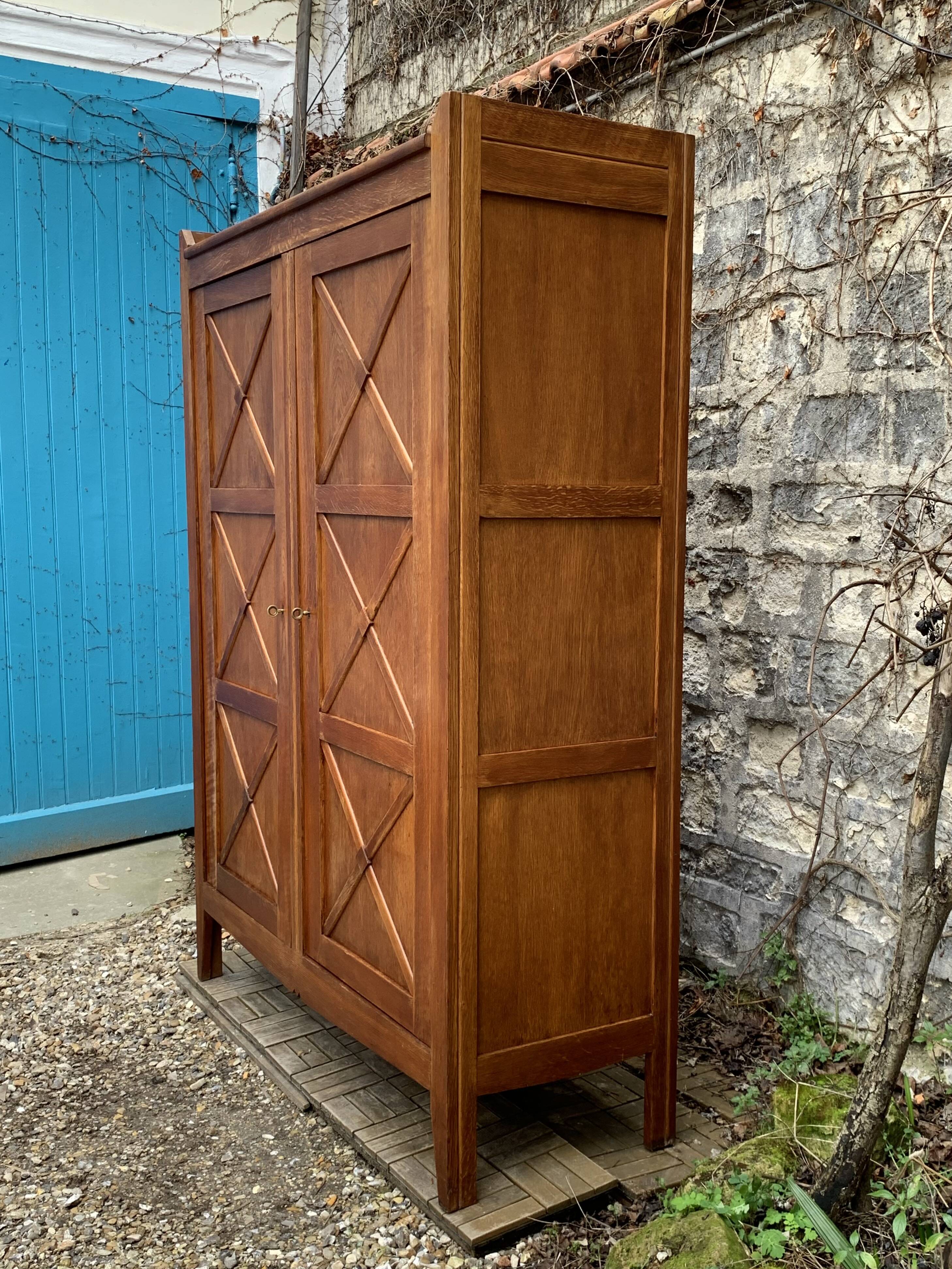 Vintage solid oak cross-braced wardrobe 1940