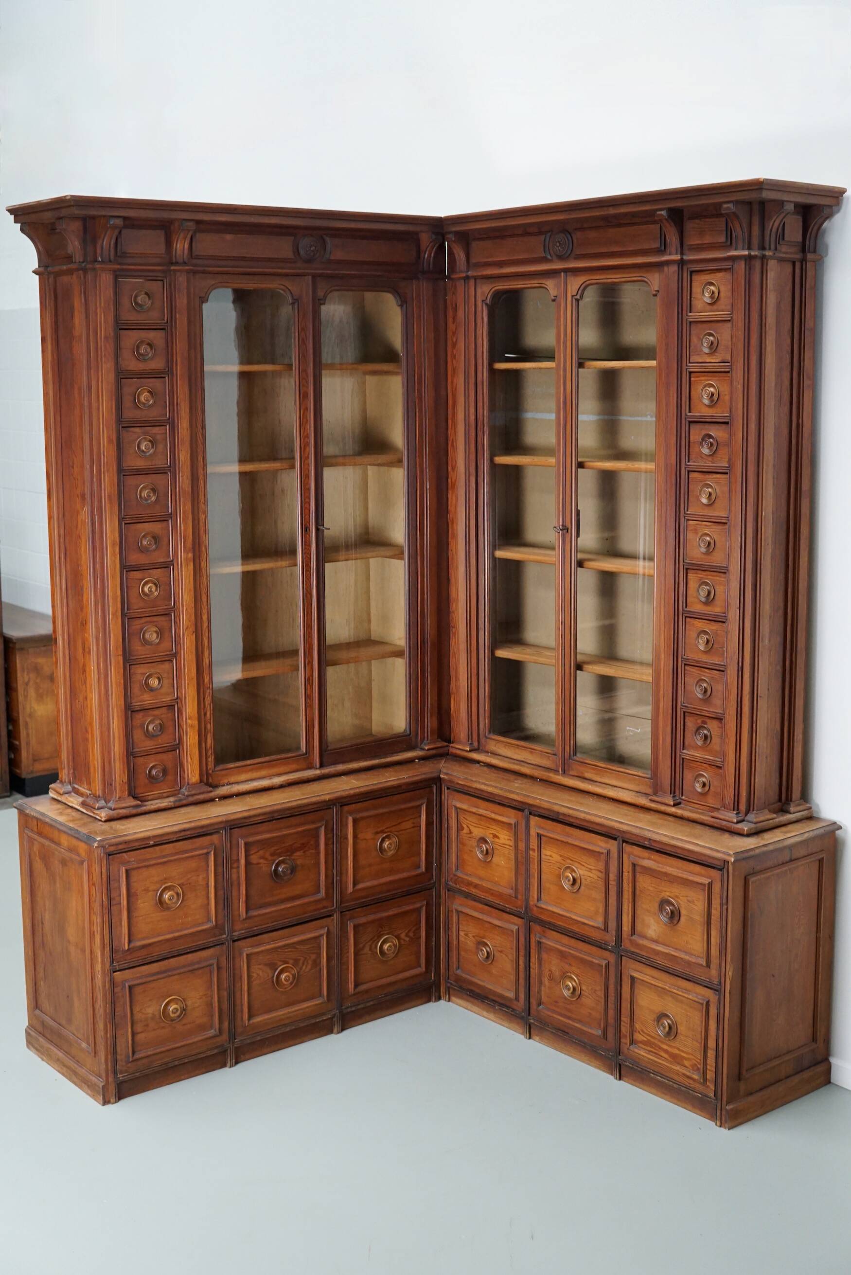 Large Antique German Pitch Pine Corner Apothecary Cabinet / Vitrine ca 1900s
