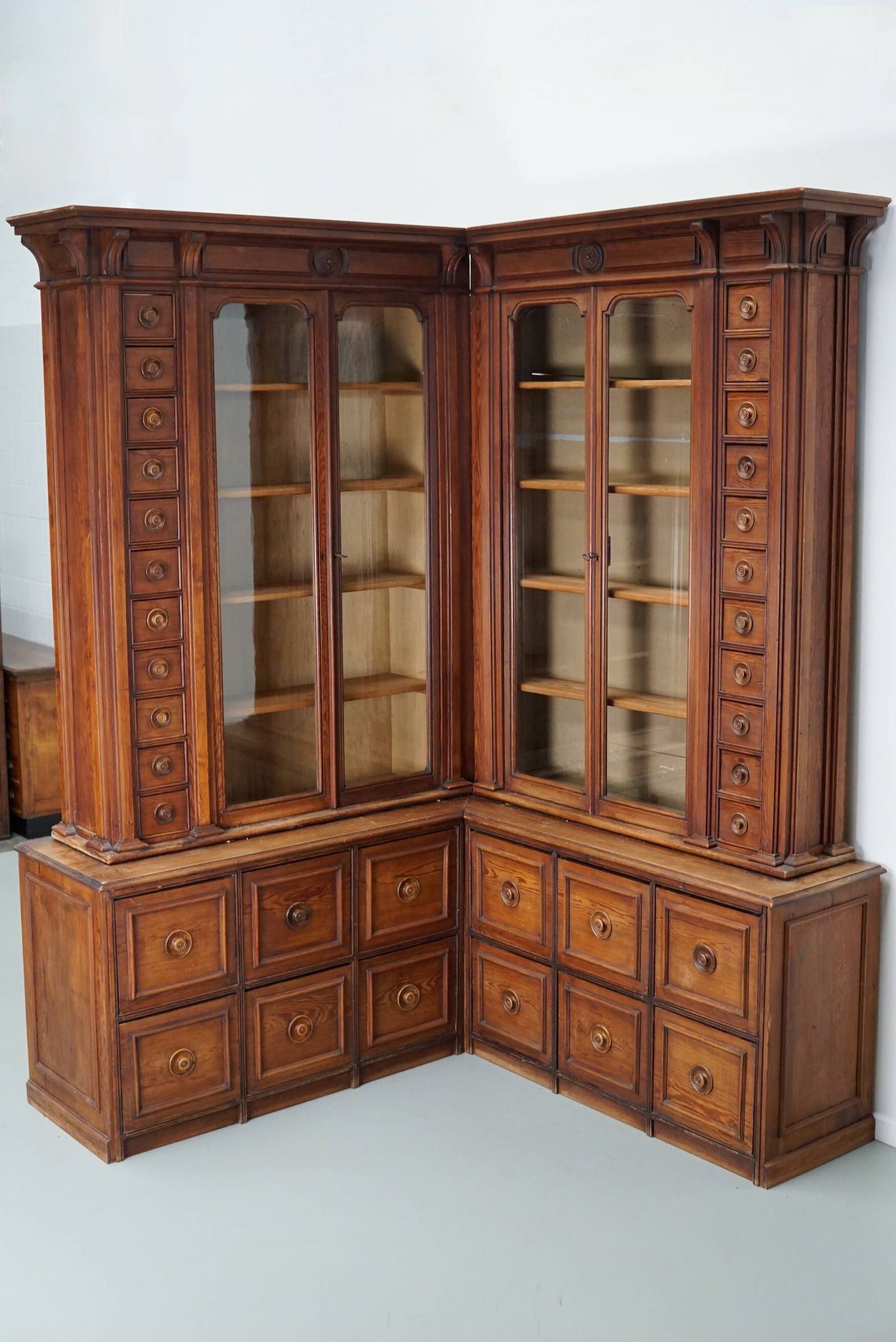 Large Antique German Pitch Pine Corner Apothecary Cabinet / Vitrine ca 1900s