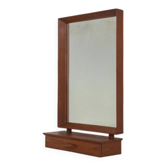 Danish wall mirror with rim and drawer in teak, 1960s