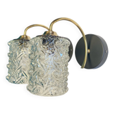 Pair of old swan neck brass tulip wall lights in thick transparent glass LAMP-7075