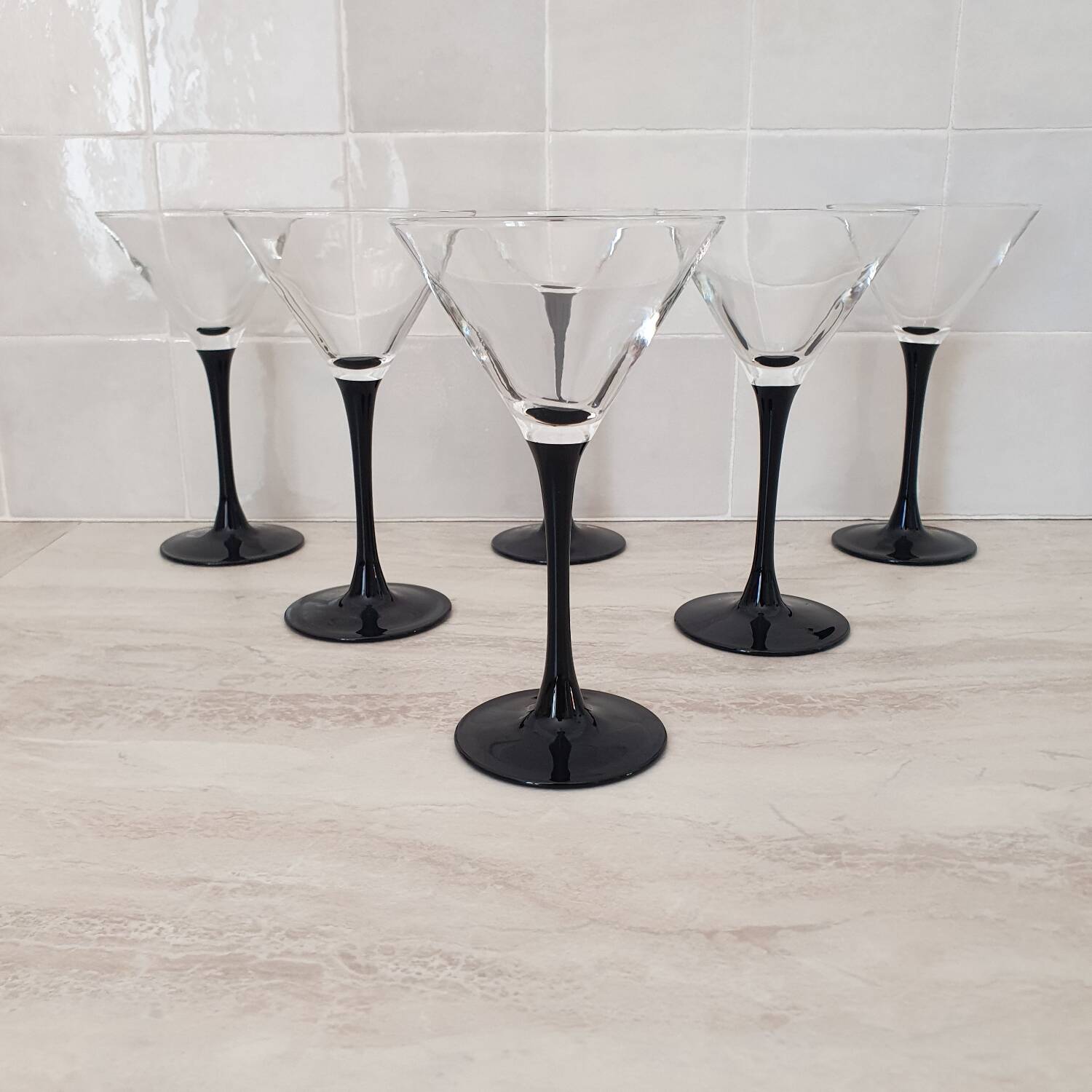 6 cocktail glasses / black stem martini glasses