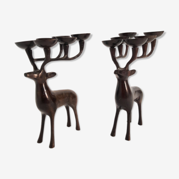 Pair of deer candle holders, bronzed brass