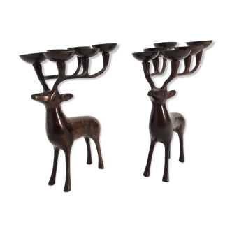Paire de bougeoirs de cerf, laiton bronzé