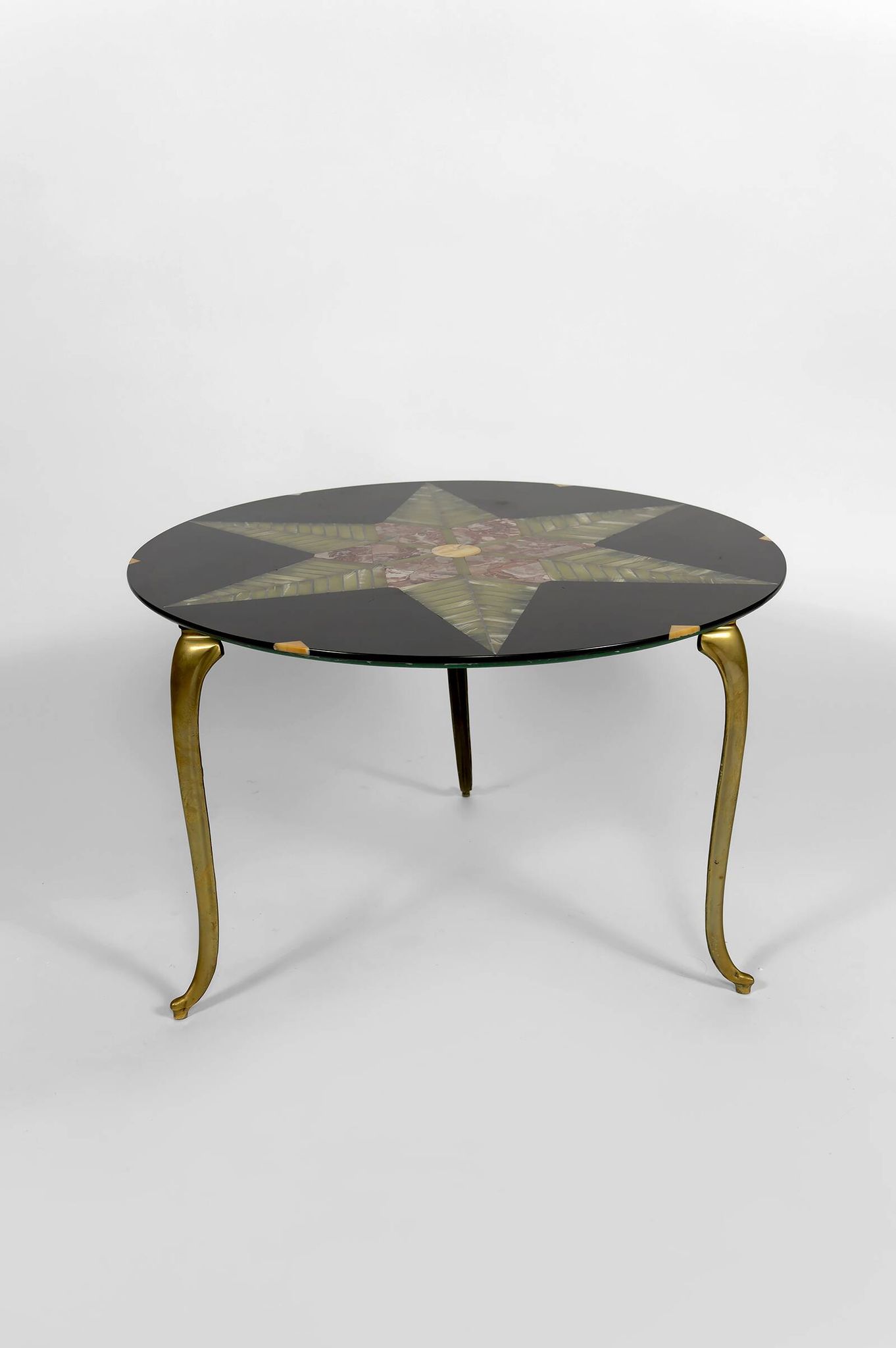 Exceptional coffee table in bronze and marble marquetry, c. 1960