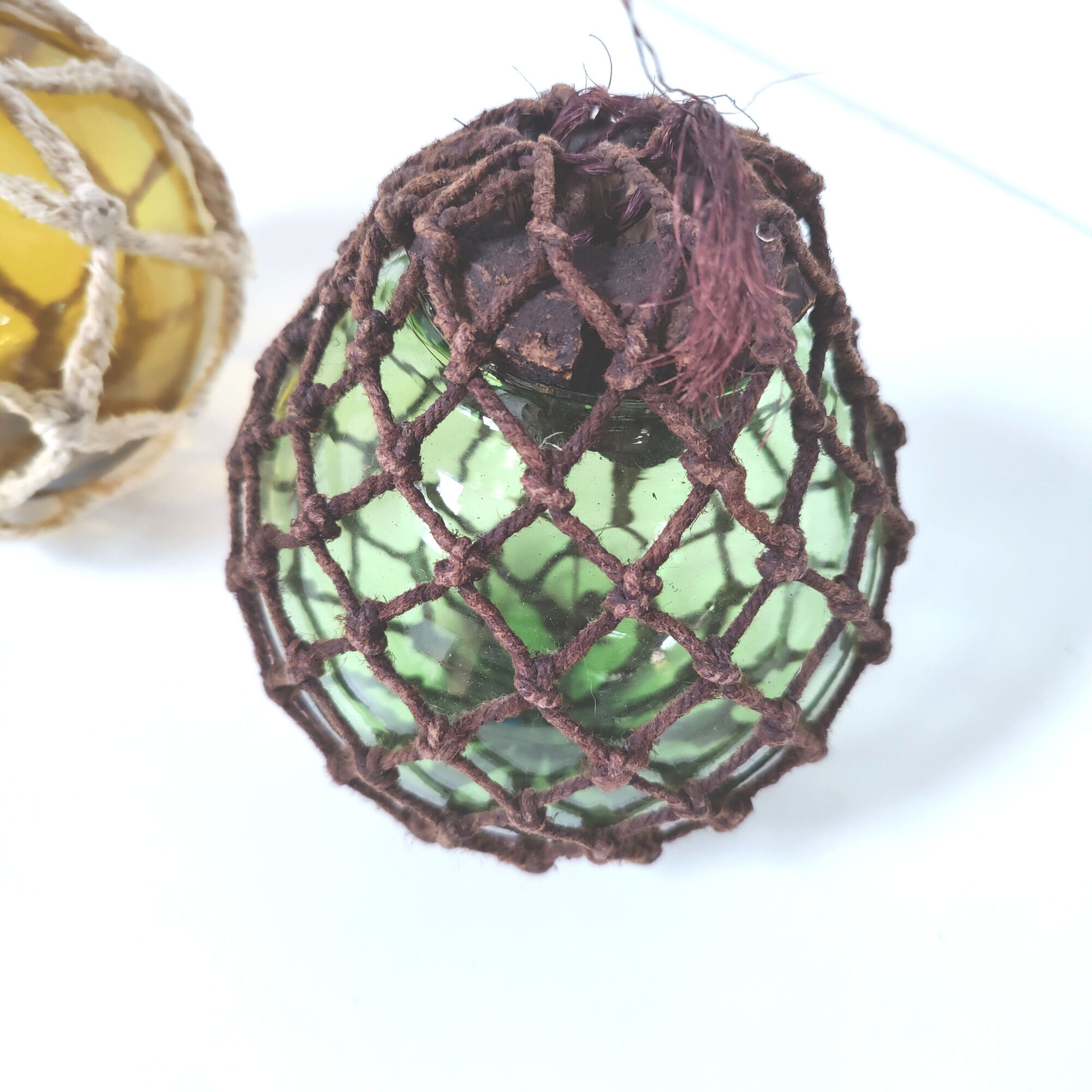 Set of 2 marine floats yellow and green ball glass and rope