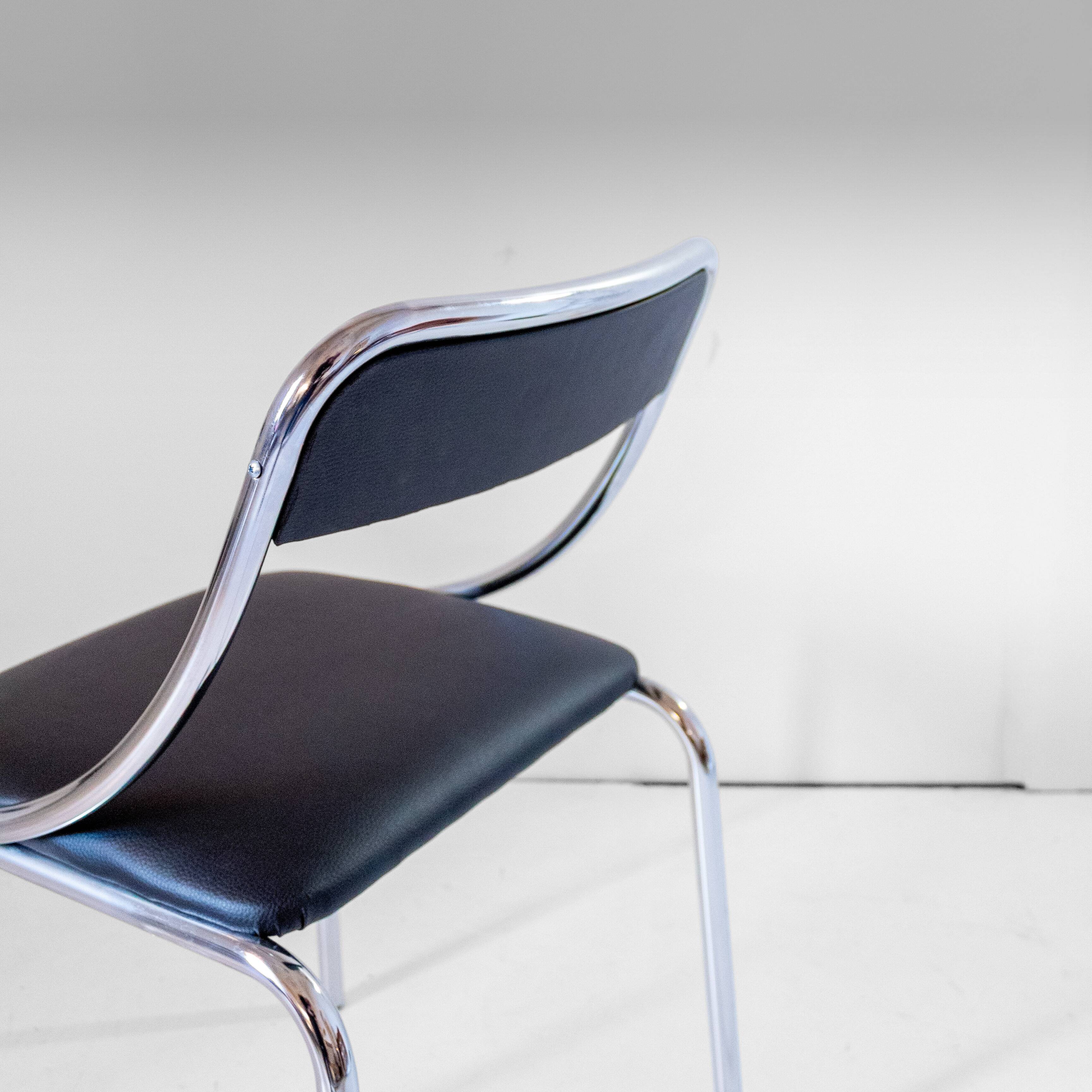 Set of Four Vintage Chromed Dining Chairs, Faux Leather, Italy, 1970