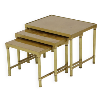 Design set of 3 nesting tables brass copper glass gold style maison jansen
