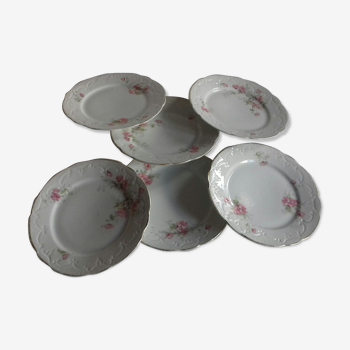 Lot de 6 assiettes anciennes en porcelaine, motif de roses