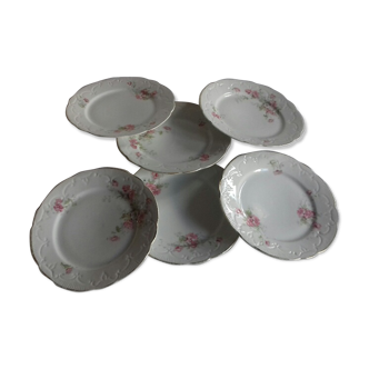 Lot de 6 assiettes anciennes en porcelaine, motif de roses