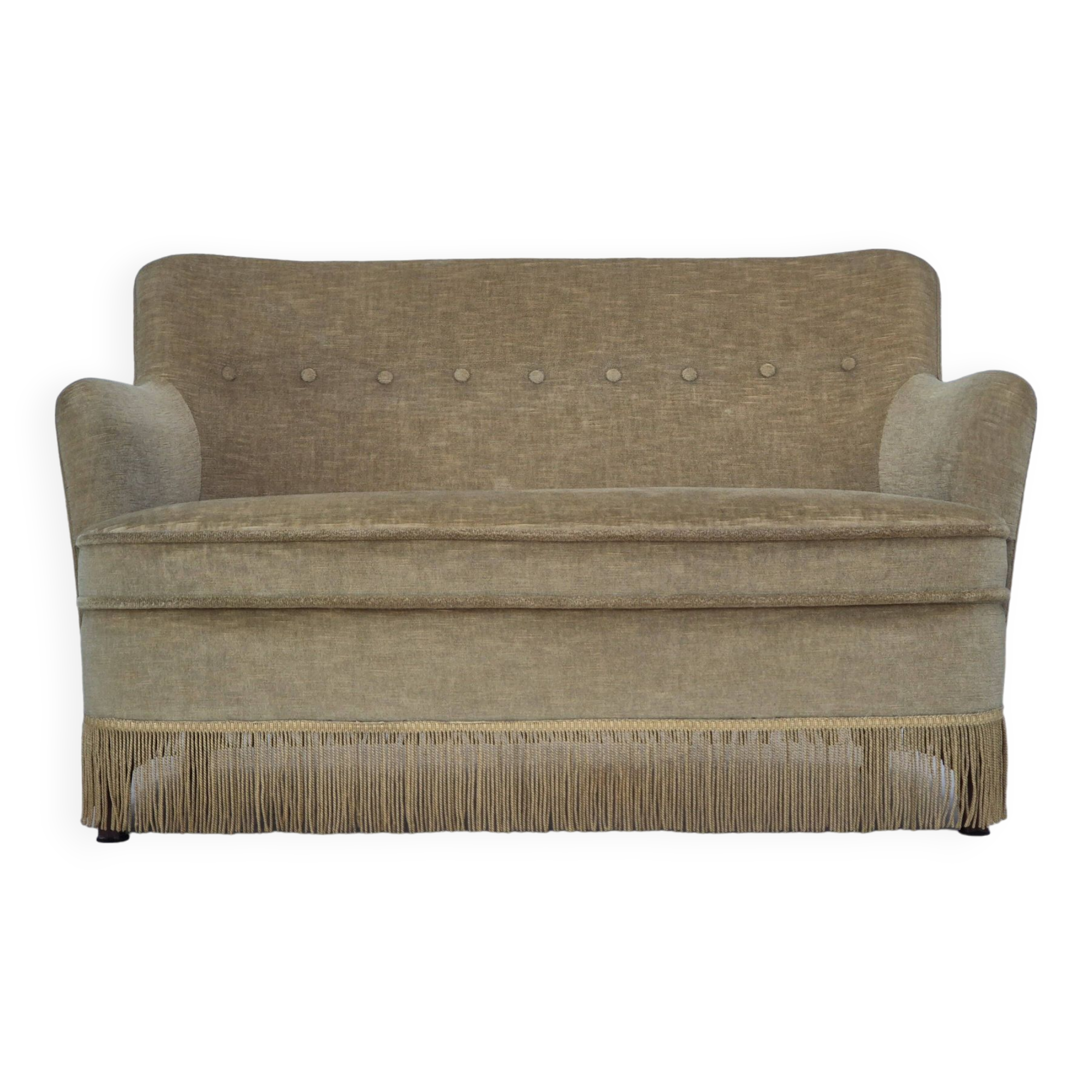 1970s, Danish 2 seater sofa, original condition, green furniture velour, beech wood legs.